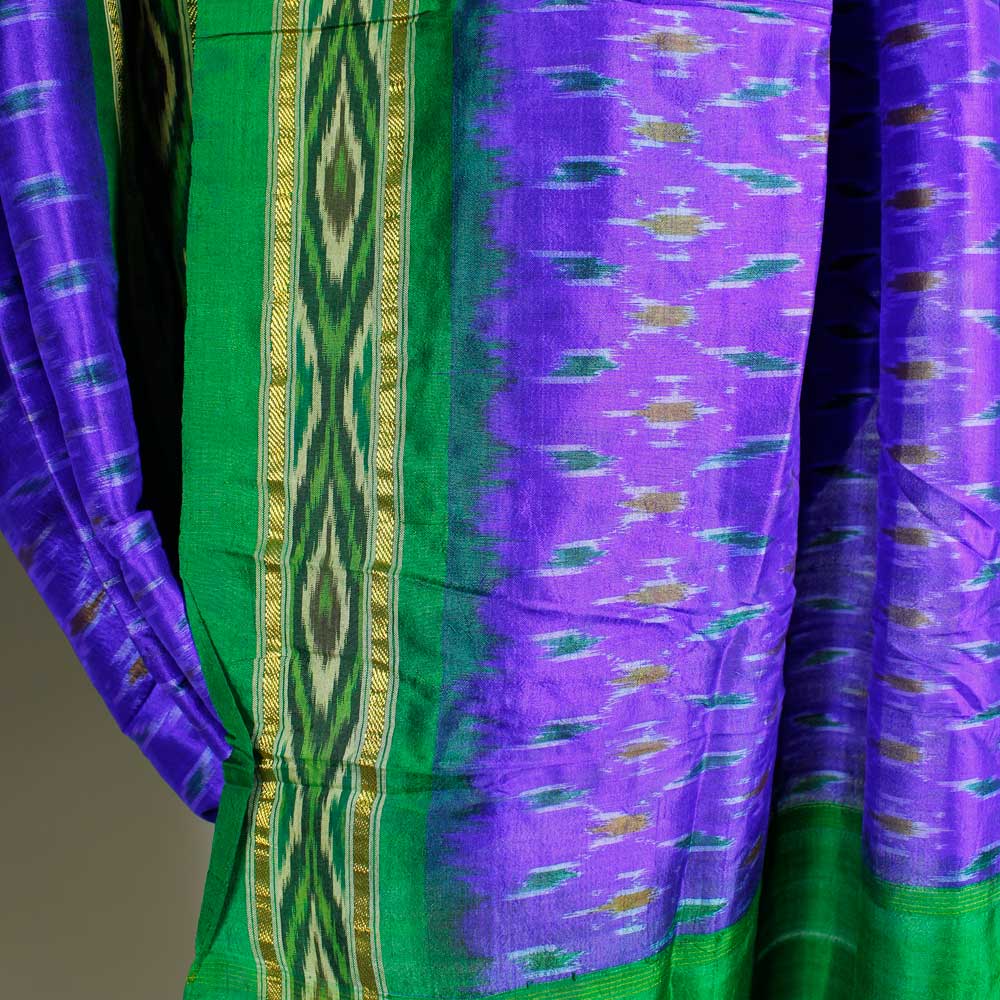 Blåviolett-Grön Ikat SidenSari  - 2