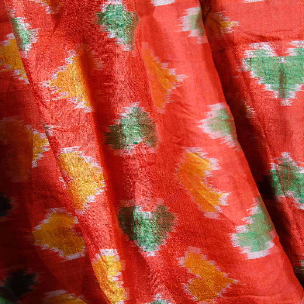 Grön-Röd Ikat SidenSari  - 3
