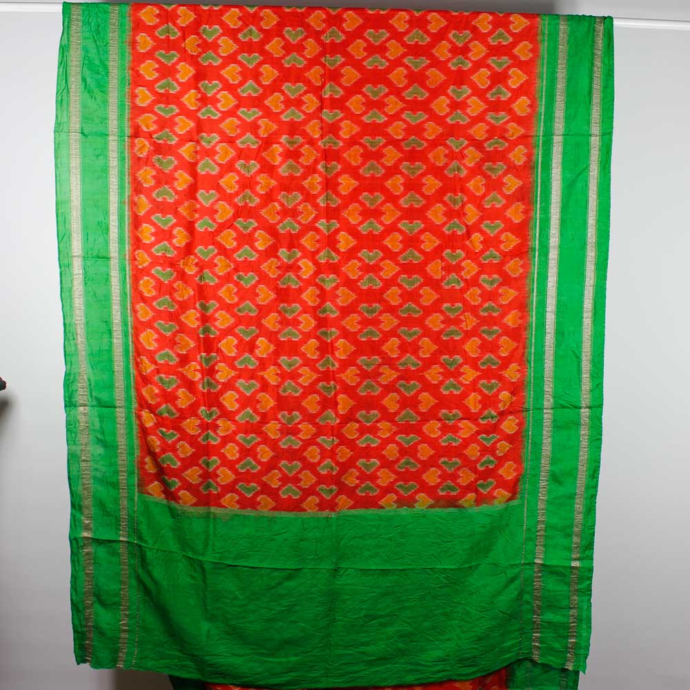 Grön-Röd Ikat SidenSari  - 4