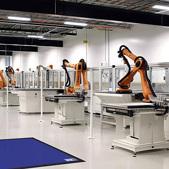 Klibbmatta i produktionshall med robotar.
