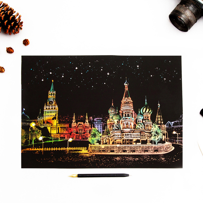 Scratch painting Skrapmålning Skrappenna motiv kort Red Square Moscow - 2