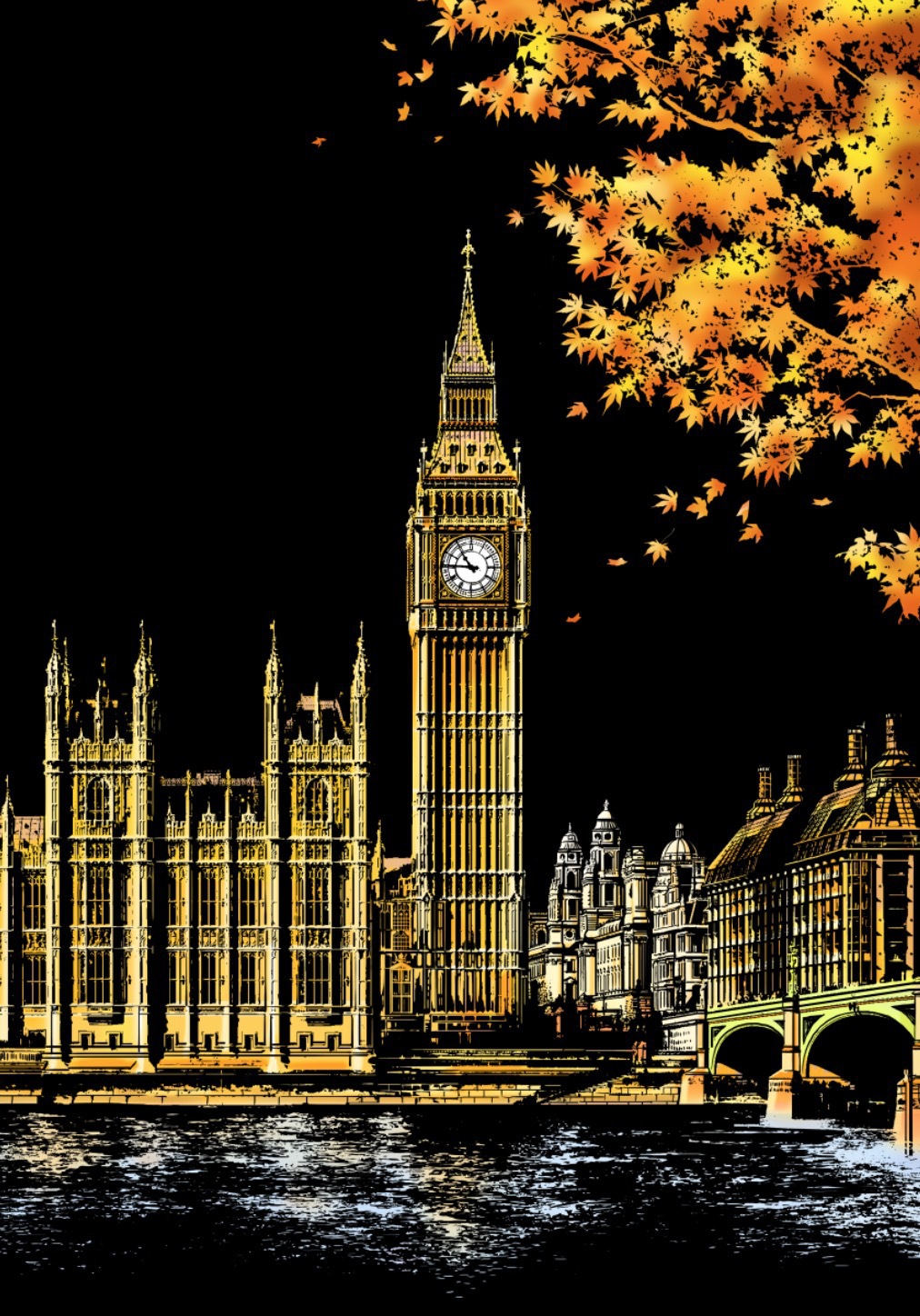 Scratch painting Skrapmålning Skrappenna motiv kort Big Ben London