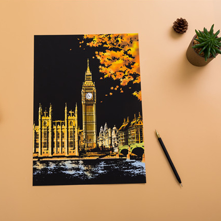 Scratch painting Skrapmålning Skrappenna motiv kort Big Ben London - 2
