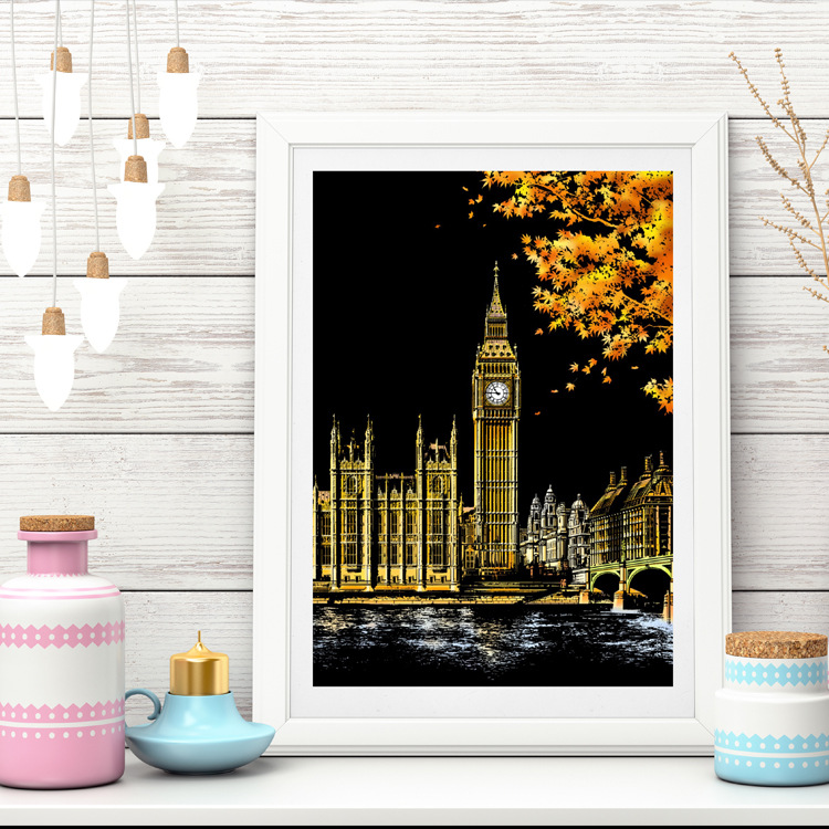 Scratch painting Skrapmålning Skrappenna motiv kort Big Ben London - 3