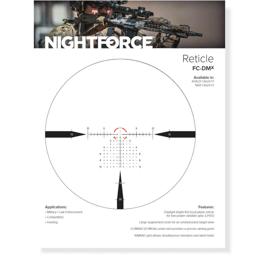 Nightforce ATACR 1-8x24 FFP, .1 MRAD, riktm. FC-DMx (Belyst) - 2