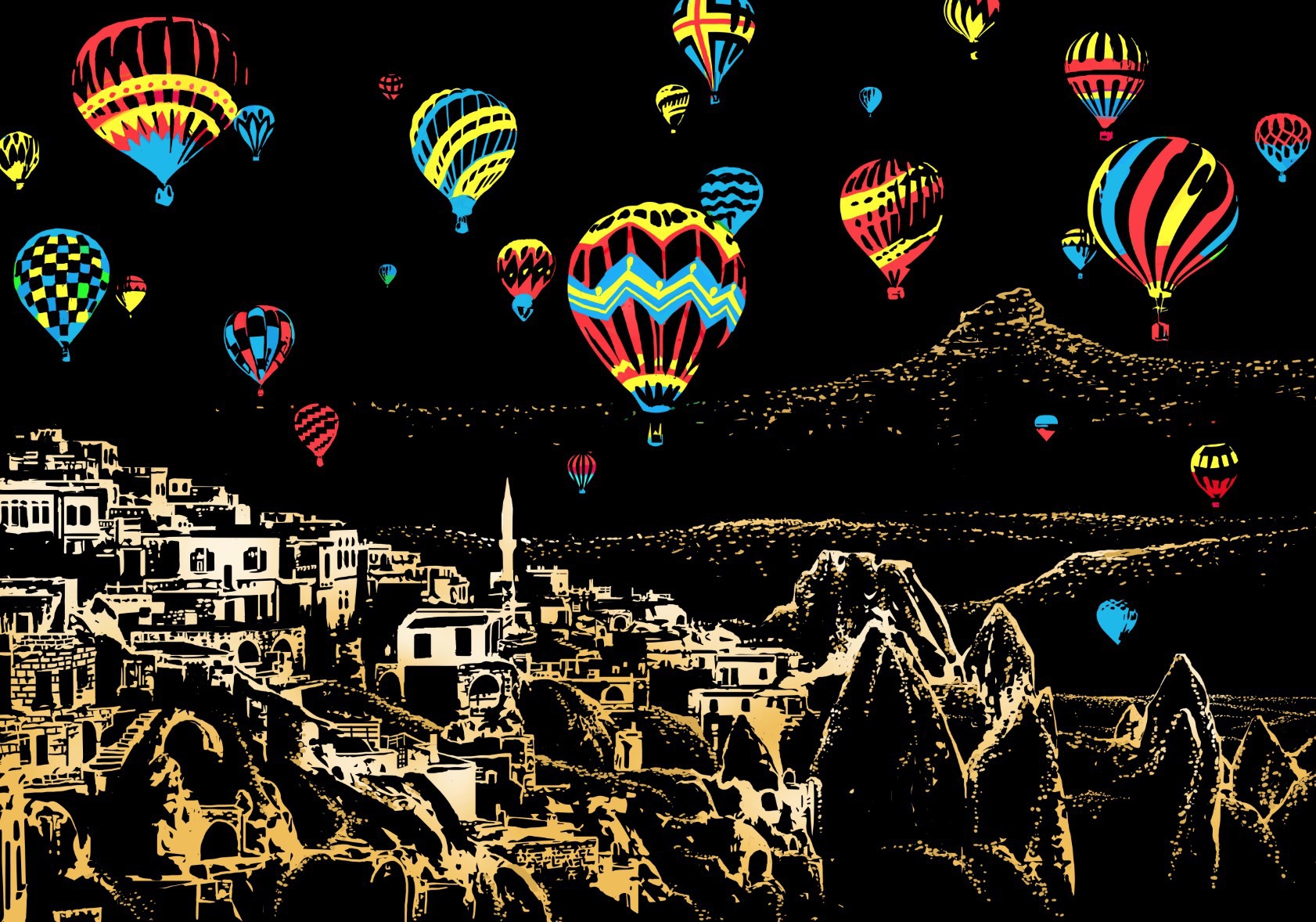 Scratch painting Skrapmålning Skrappenna motiv kort colorful city-Cappadocia