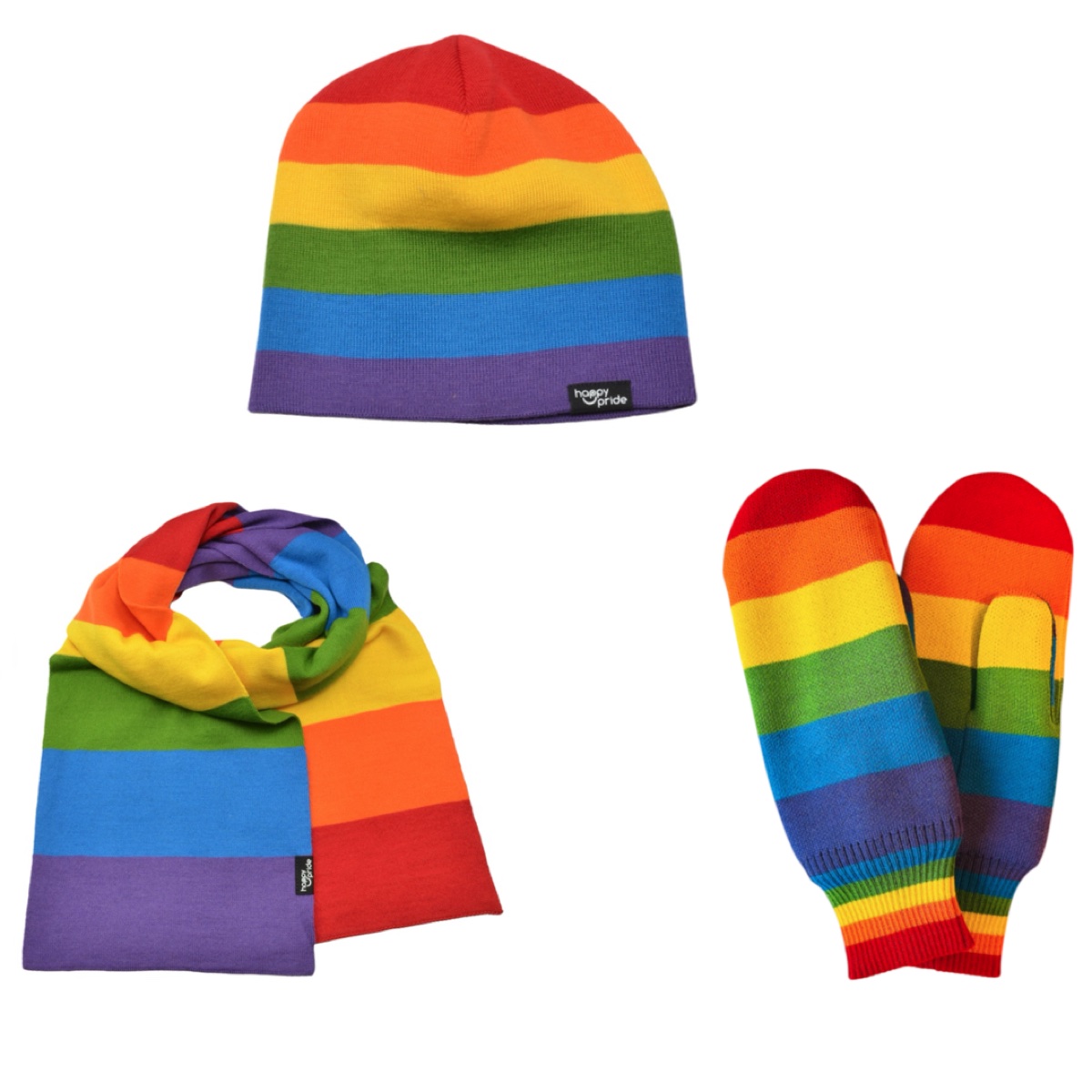 HappyPride Winterkollektion mit Pride-Fäustlingen, -Mütze und -Schal aus Wolle 