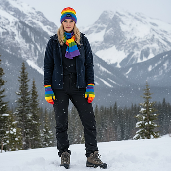 HappyPride Winterkollektion mit Pride-Fäustlingen, -Mütze und -Schal aus Wolle 