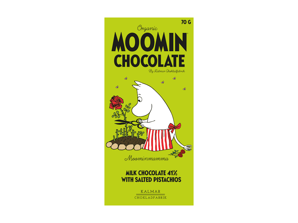 Organic Moomin Chocolate Moominmamma - Ljus choklad 41% med pistage & salt