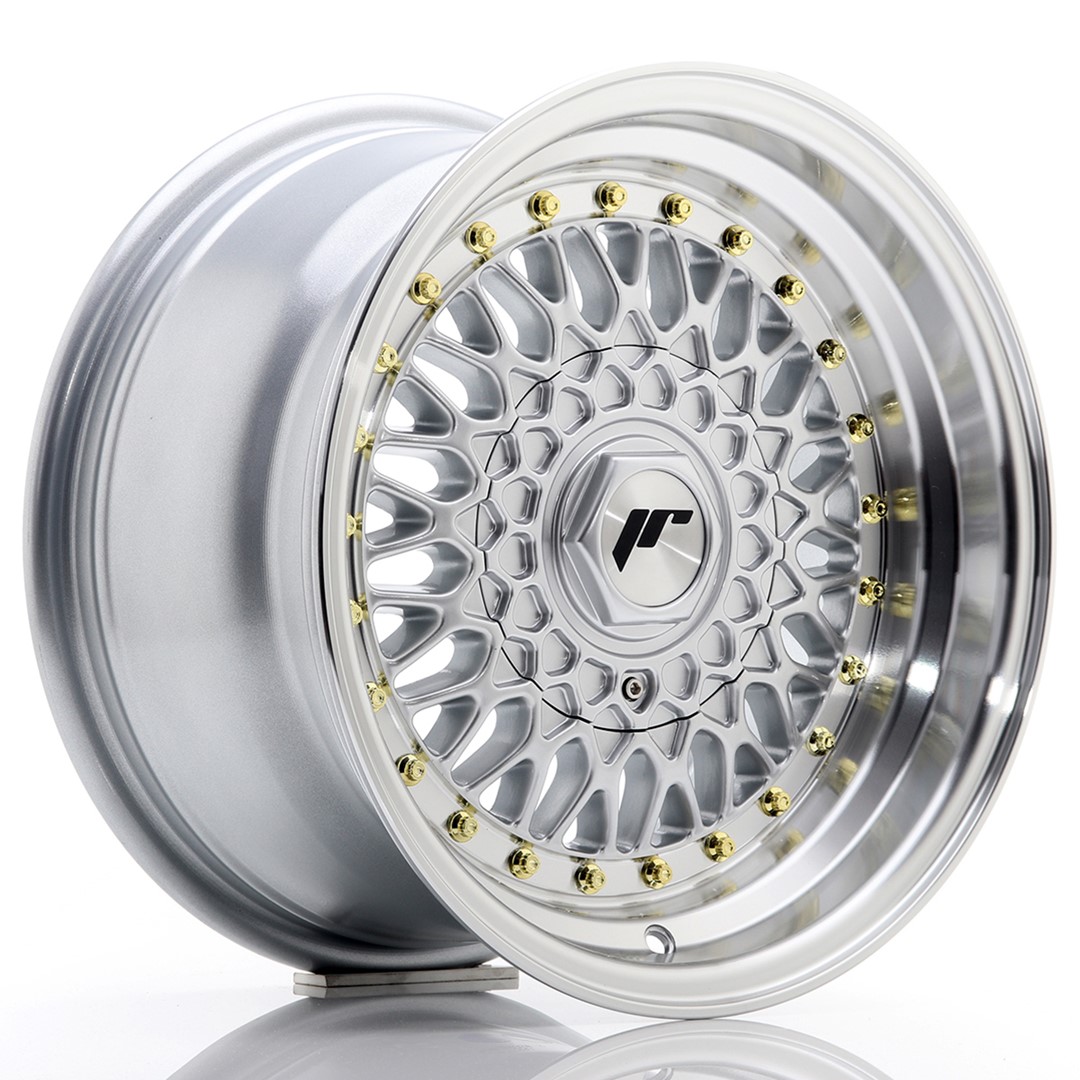 15" JR Wheels JR9 - Silver Machined Lip - Gold Rivets - 2