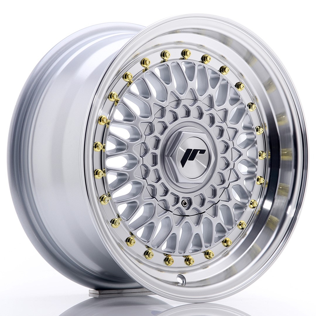 15" JR Wheels JR9 - Silver Machined Lip - Gold Rivets