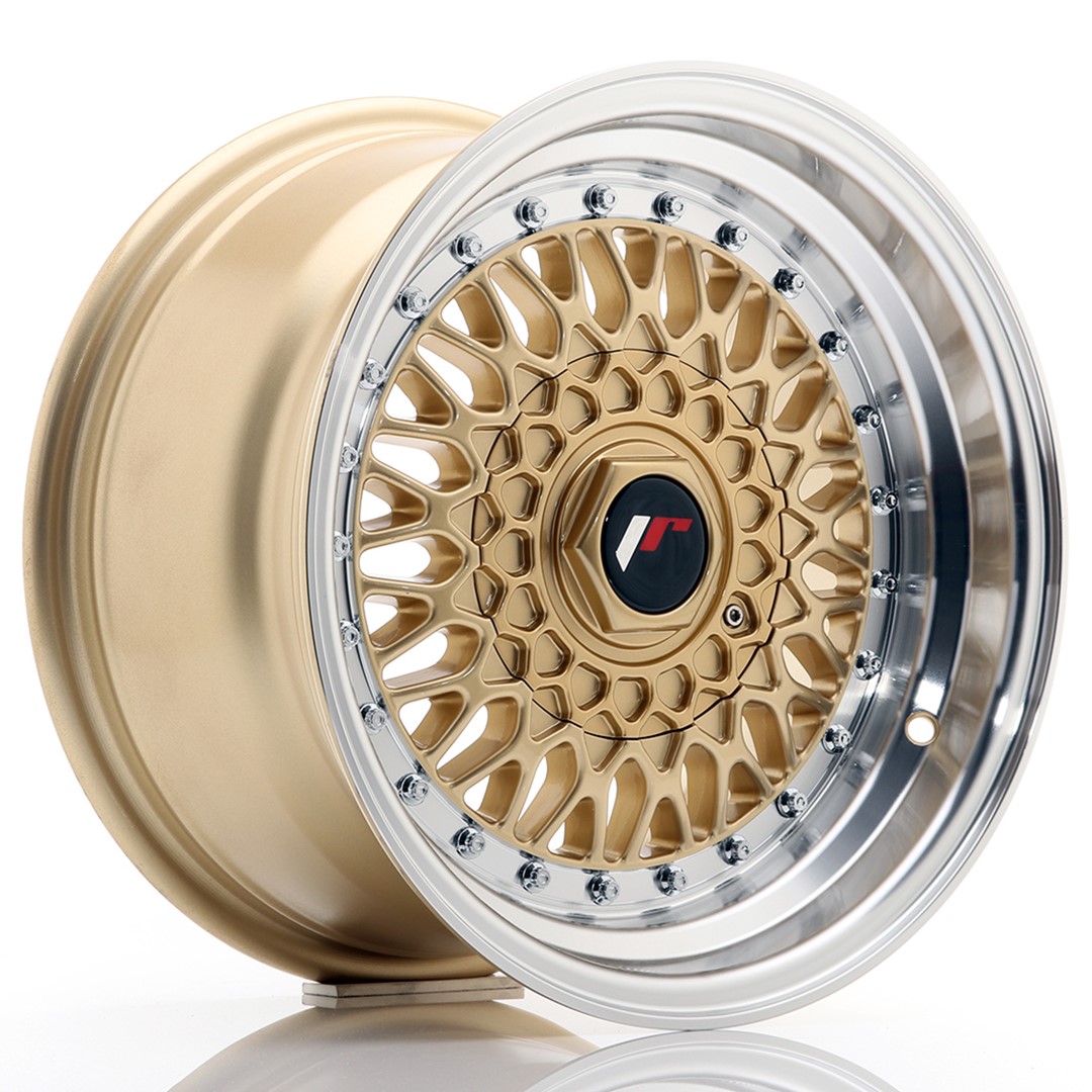 15" JR Wheels JR9 - Gold Machined Lip - Silver Rivets - 2
