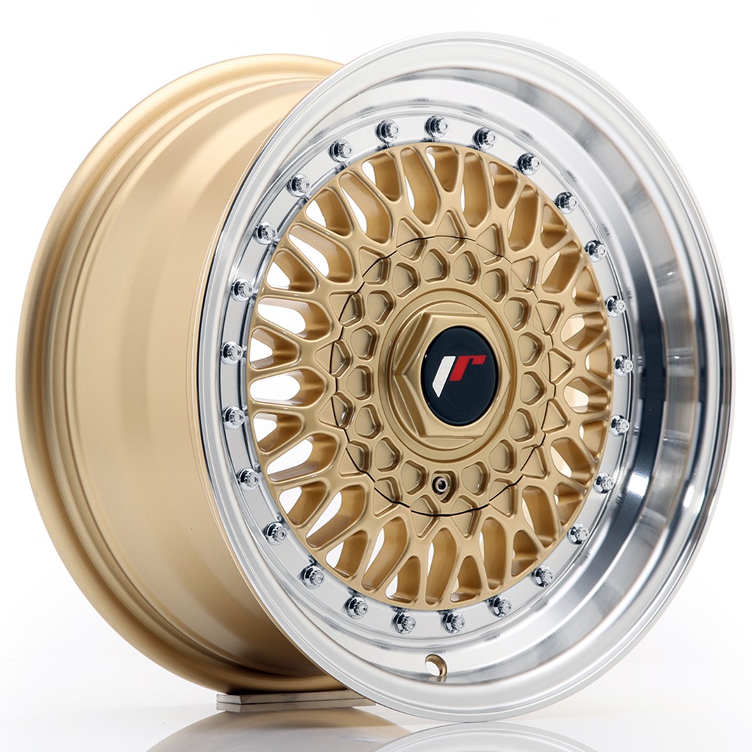 15" JR Wheels JR9 - Gold Machined Lip - Silver Rivets