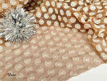 Lace mesh tulle in Beige with flowers in off-white