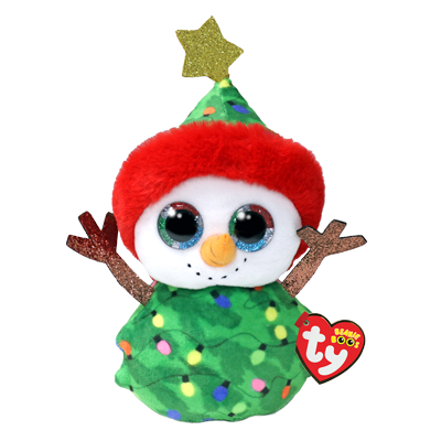 Snögubbe utklädd till julgran (med glittriga ögon)