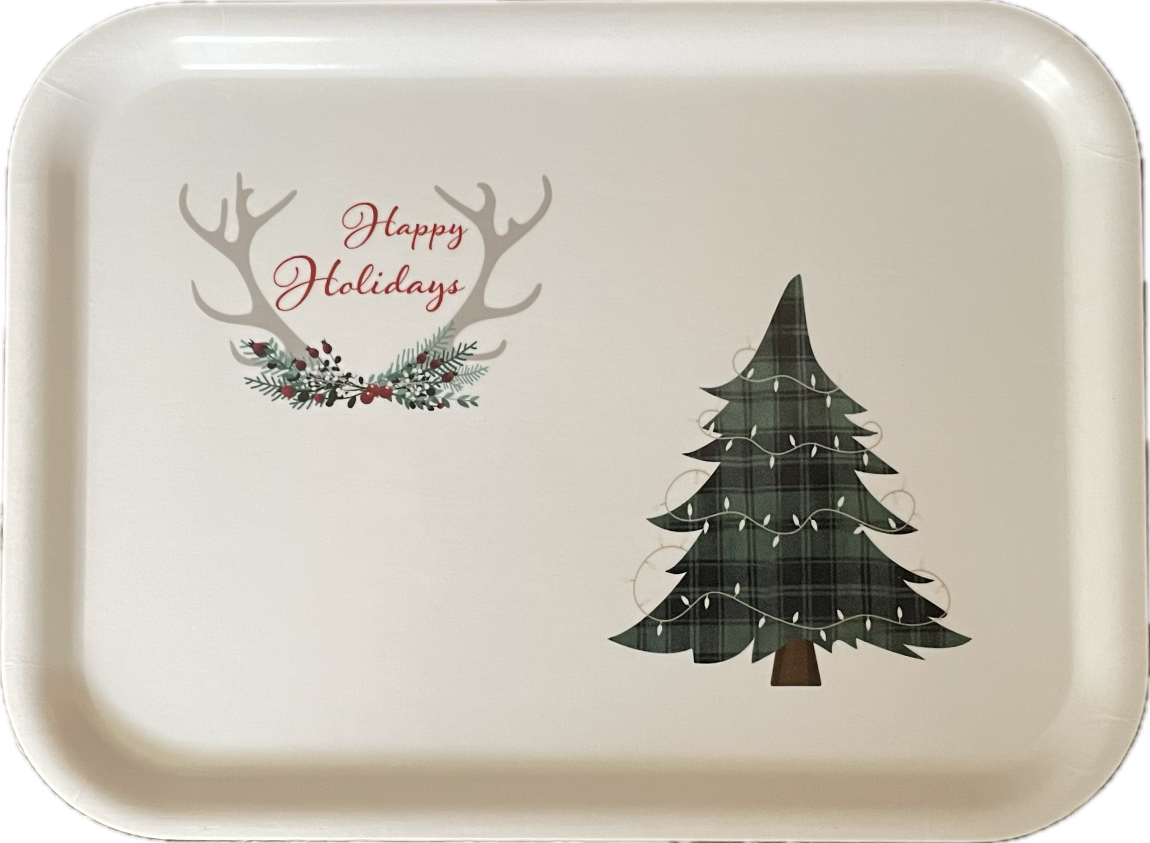 HillySnow Björkbricka, 27x20cm, Julmotiv grön rutig julgran och renhorn "Happy Holiday"
