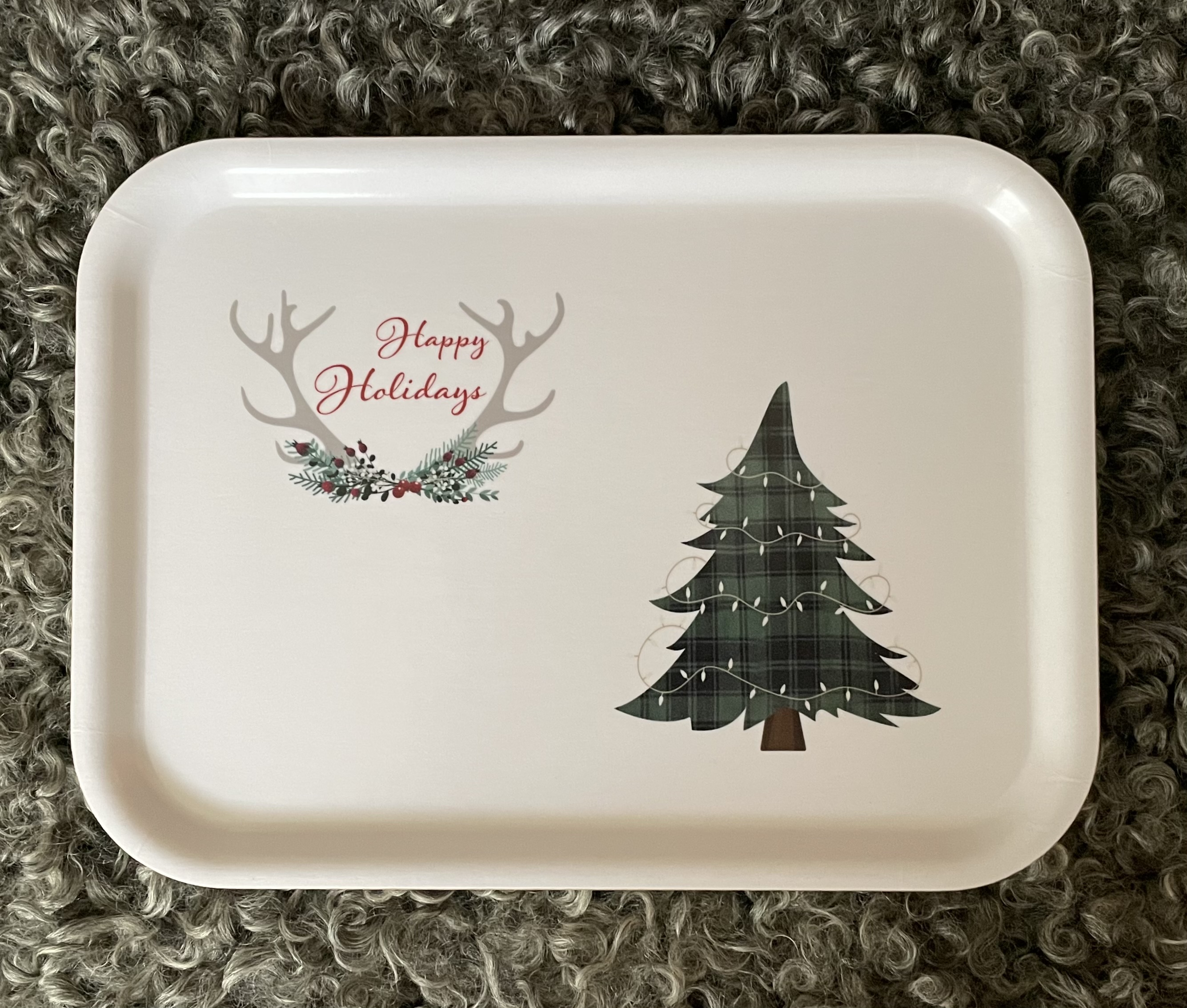 HillySnow Björkbricka, 27x20cm, Julmotiv grön rutig julgran och renhorn "Happy Holiday" - 2