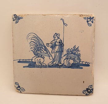 Delft tile white blue 18th century landscape with figure