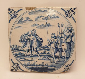 Delft tile white blue 18th century figure scene Judas kiss?