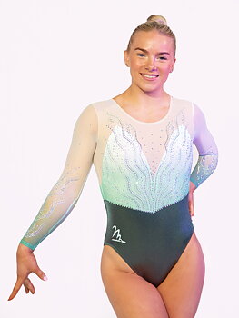 CERULEAN GREEN Gymnastikdräkt i sublimerat tyg & mesh med diamanter
