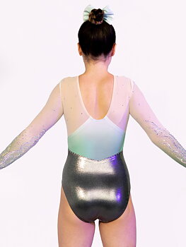 CERULEAN GREEN Gymnastikdräkt i sublimerat tyg & mesh med diamanter