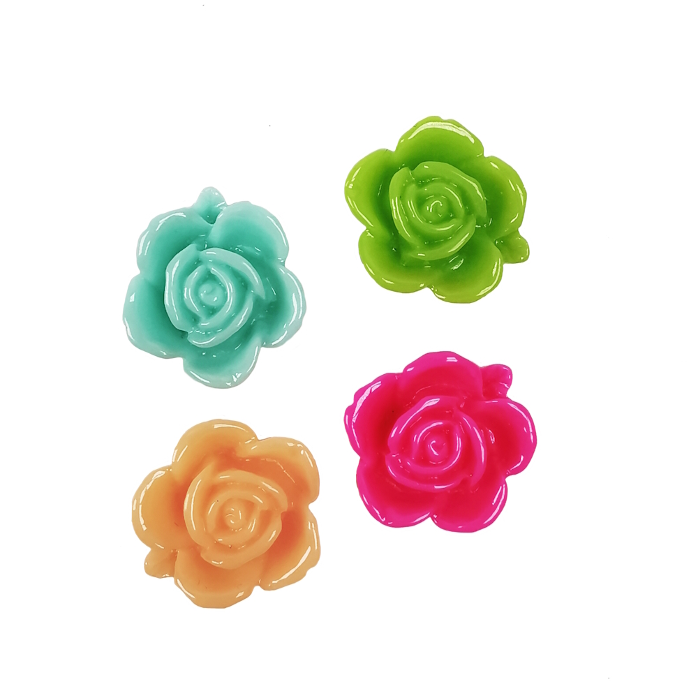 Blomformade cabochoner i resin, tropic mix med turkos, grön, orange och cerise blomma, ca 15 mm med platt baksida utan hål, 4 st.