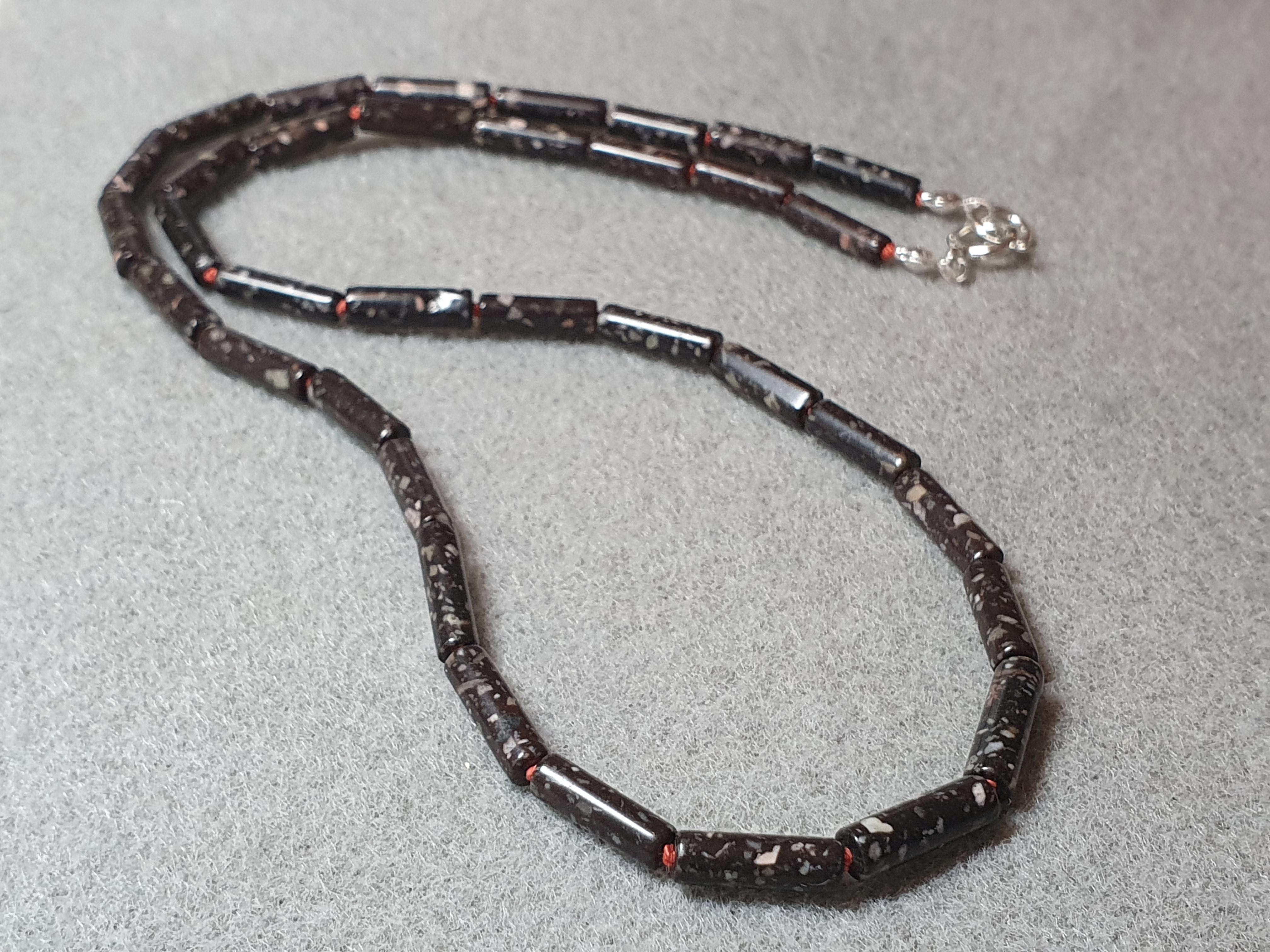 Necklace porphyry cylinders width 4mm knotted on orange pearl silk, approx. 50 cm, 925-silver