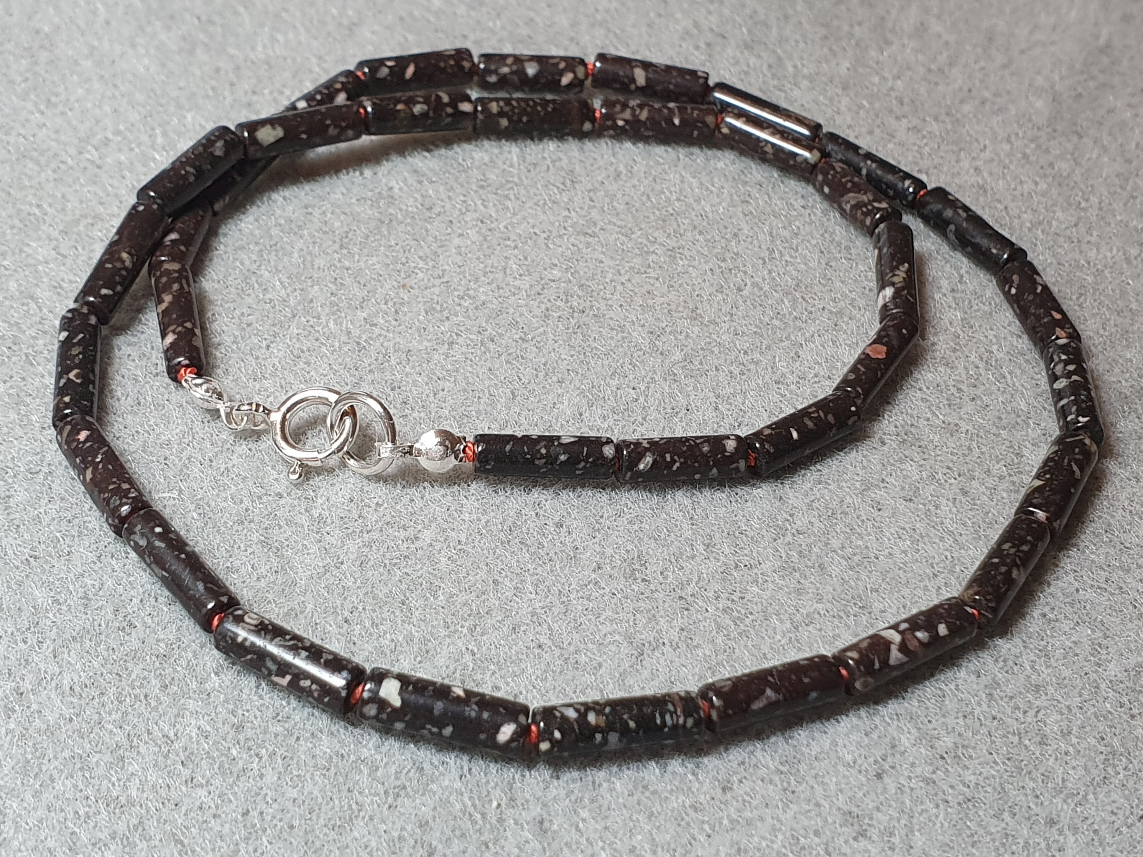Necklace porphyry cylinders width 4mm knotted on orange pearl silk, approx. 50 cm, 925-silver - 2