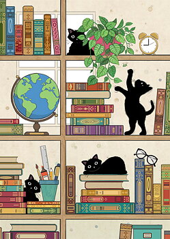 Bug Art : Bookcase Kitties - kort med kuvert 