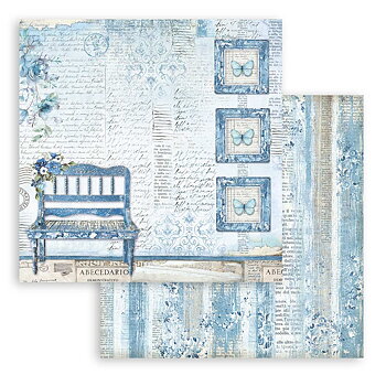 Stamperia - Dubbelsidigt ark - Blue Land bench - 12x12"