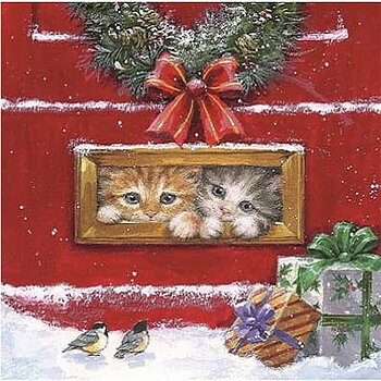 Röd julservett med kattungar i dörr