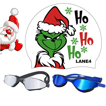 Christmas Deal containing Isha Elite Blue competition goggles, Super Swim Biofuse Silver and a Christmas swimming cap. Cool model swimming goggles for training and competition