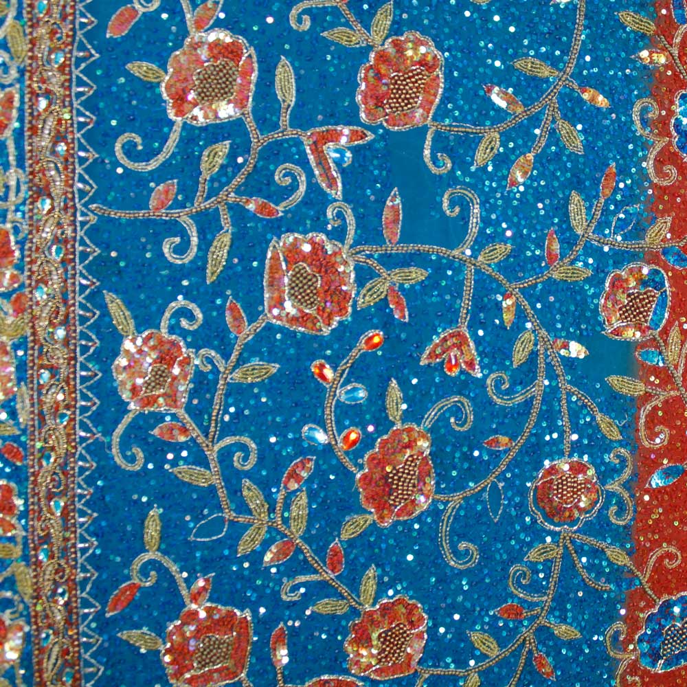 Magnifik Blå-Röd Indisk Sari - 4