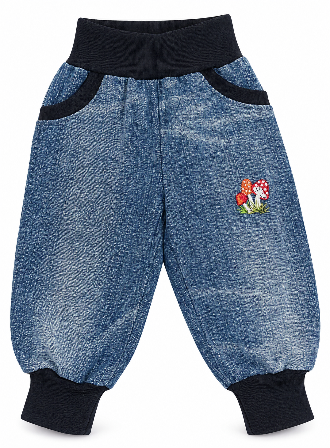 Muddjeans Reuse i återbrukad denim – blå med svampbroderi | 74/80