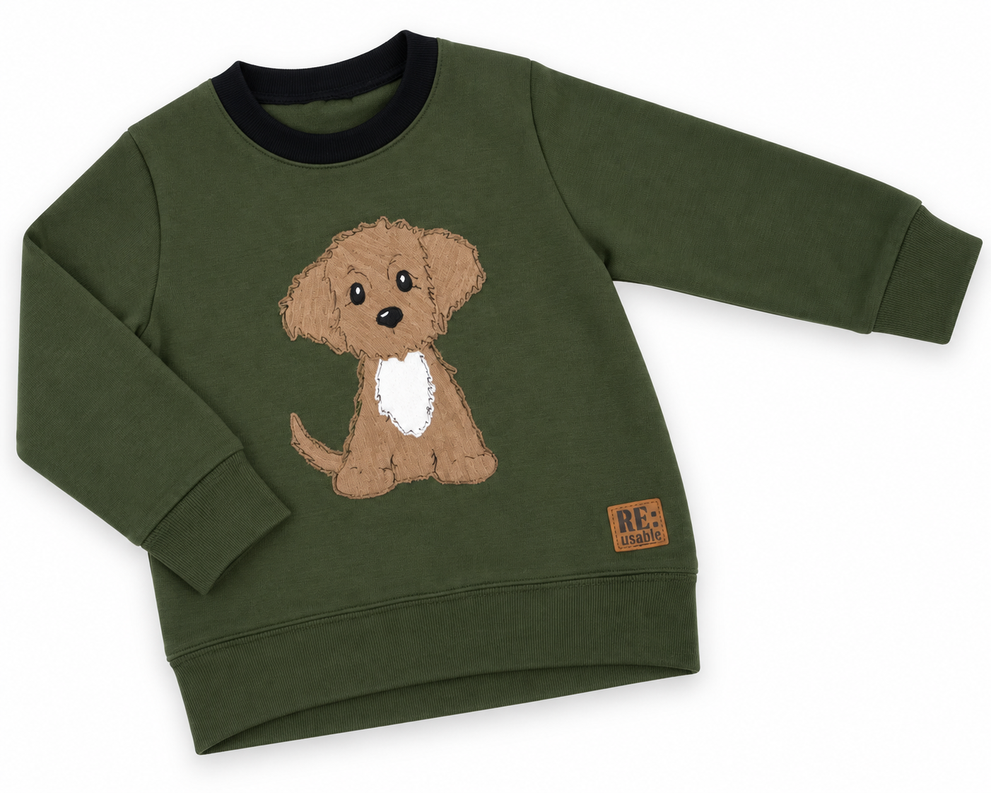 Ulltröja i 100% merinoull Reuse – mörkgrön med hund | 110/116