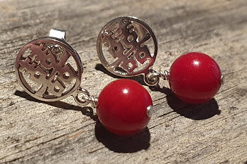 Double happiness, earrings on a stick with colored coral, 925 silver