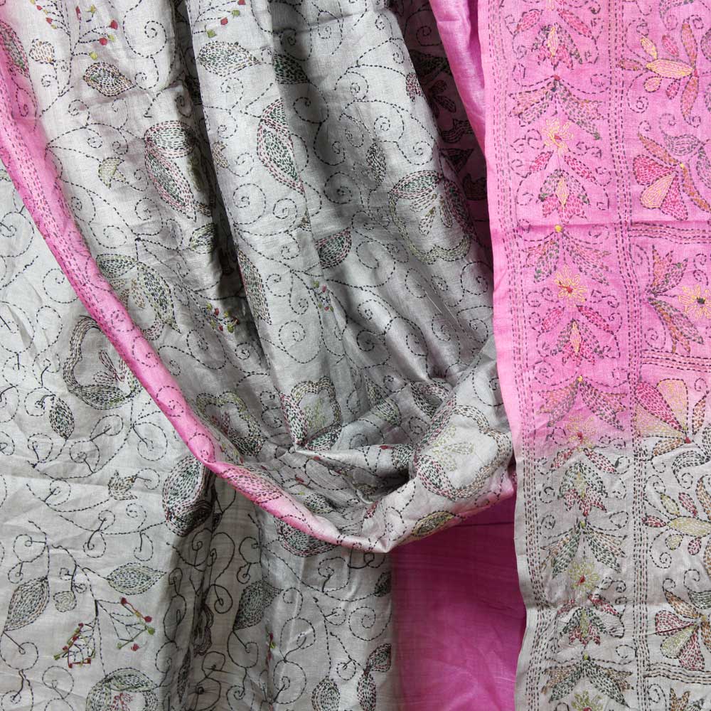 Handbroderad Sari Cerise-Grå - 3