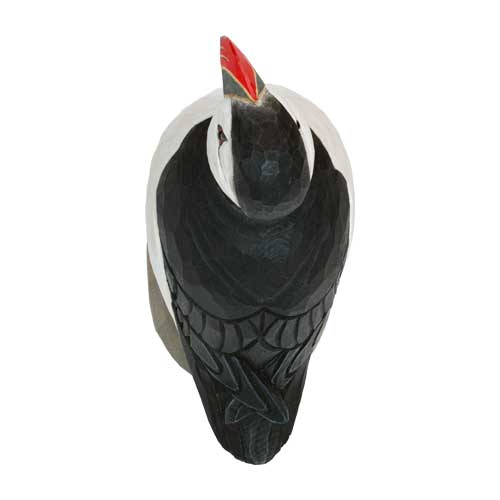 A wood-carved Puffin as seen from above