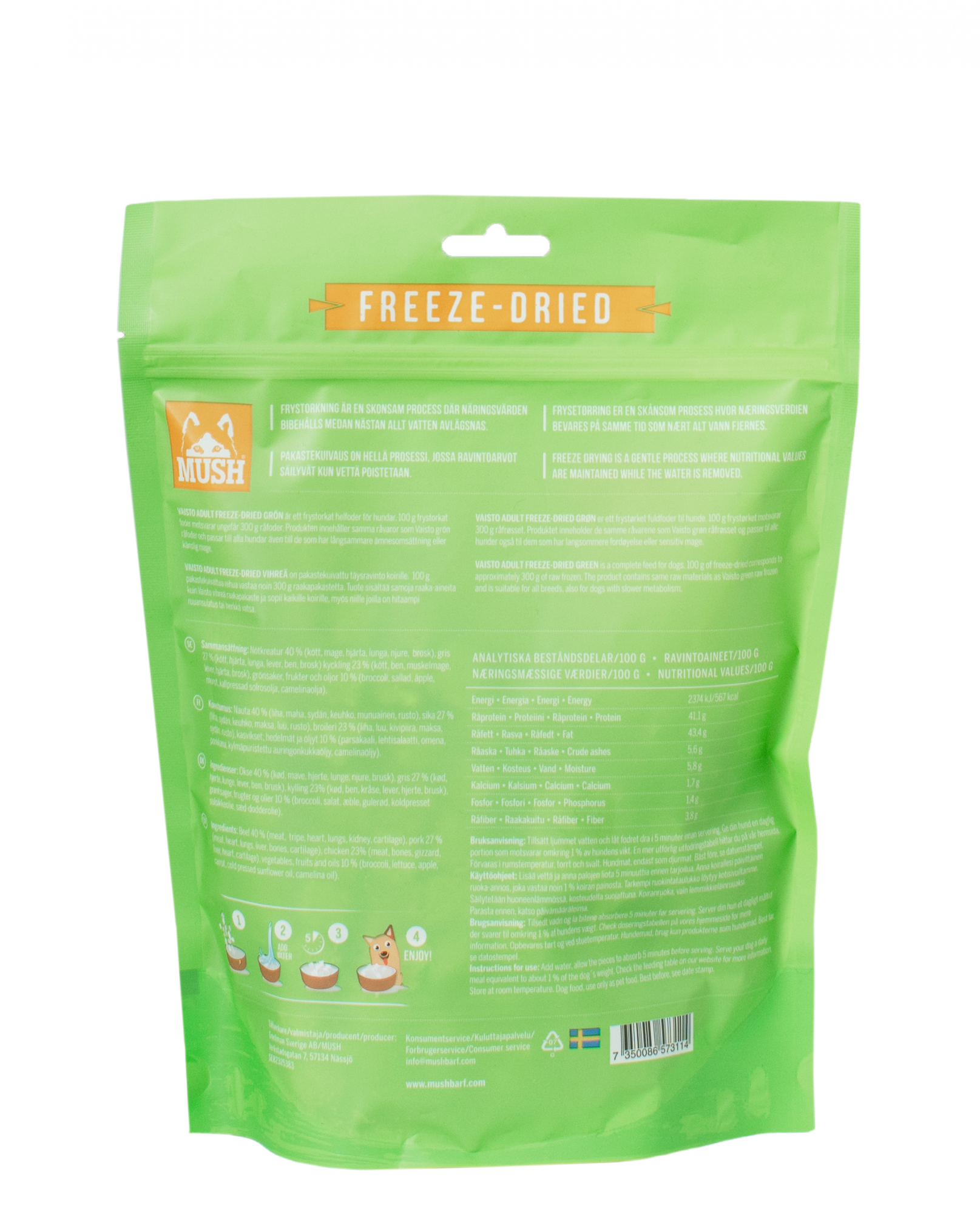 Mush Vaisto® Freeze-Dried Grön Frystorkat Hundfoder - 250 g&nbsp;