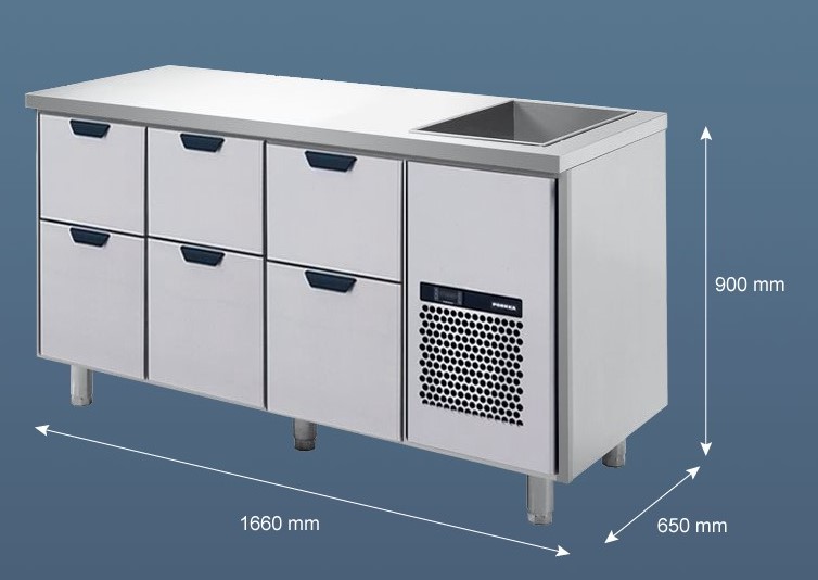 Porkka - Barkylbänk Dryck - Isbrunn - Kylaggregat och 3 Moduler - Mått: 1660 x 650 x 900 mm