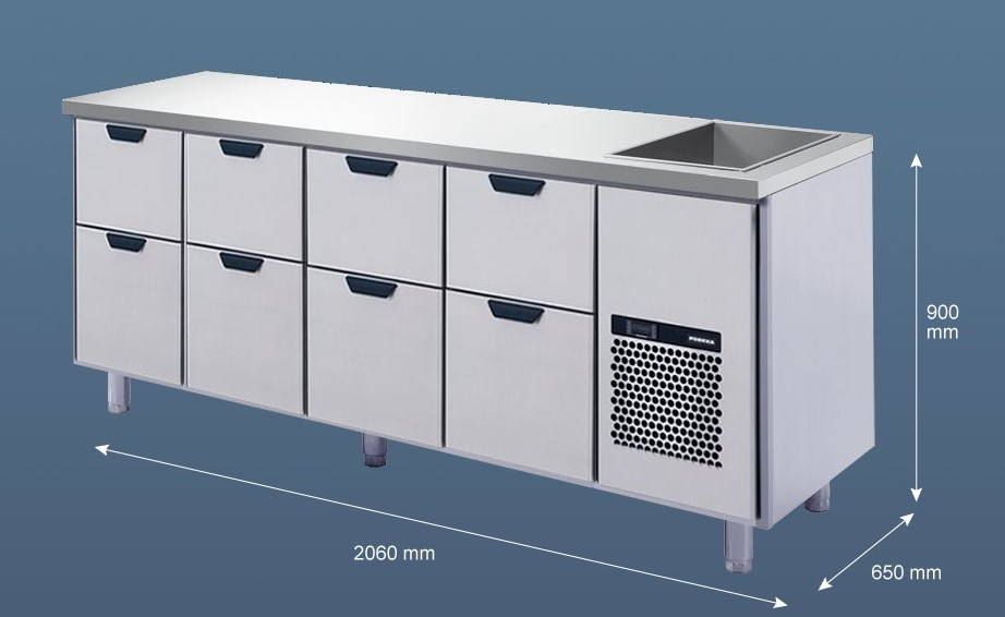 Porkka - Barkylbänk Dryck - Isbrunn - Kylaggregat och 4 Moduler - Mått: 2060 x 650 x 900 mm
