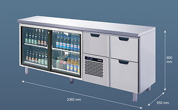 Porkka - Barkylbänk B55 - 3 lådor - Skjutdörrar - Mått: 2060 x 550 x 900 mm