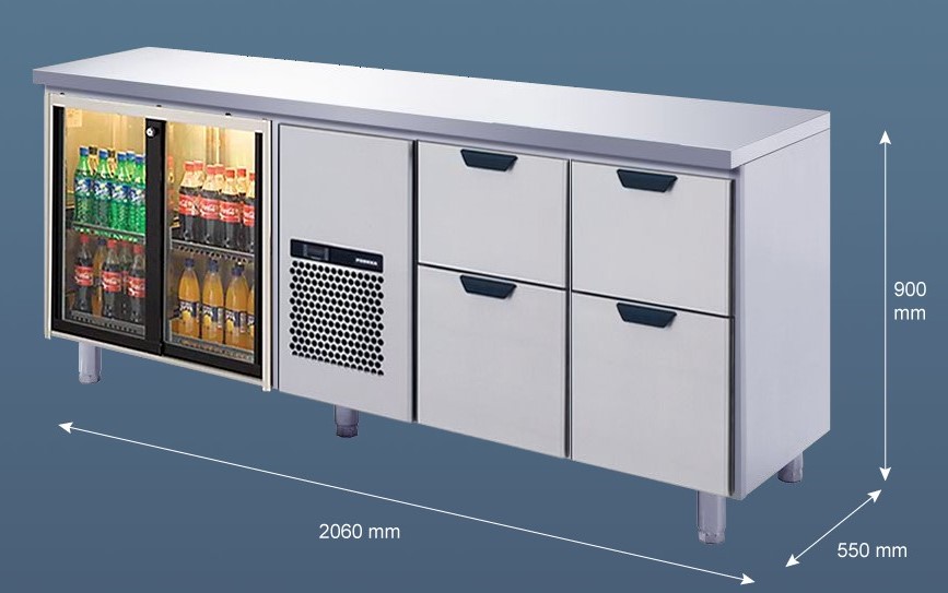 Porkka - Barkylbänk B55 - 5 lådor - Skjutdörrar - Mått: 2060 x 550 x 900 mm