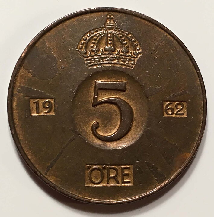 5 öre 1962 flagad stamp 1+