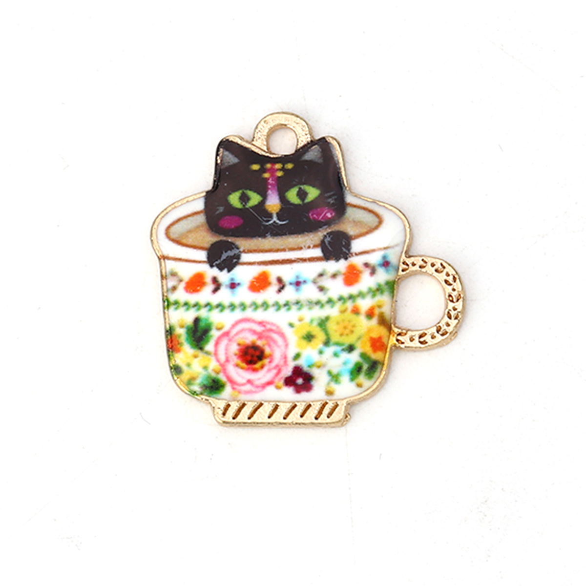 Berlock -  Emaljerad  Katt i kopp,  Retro blommor