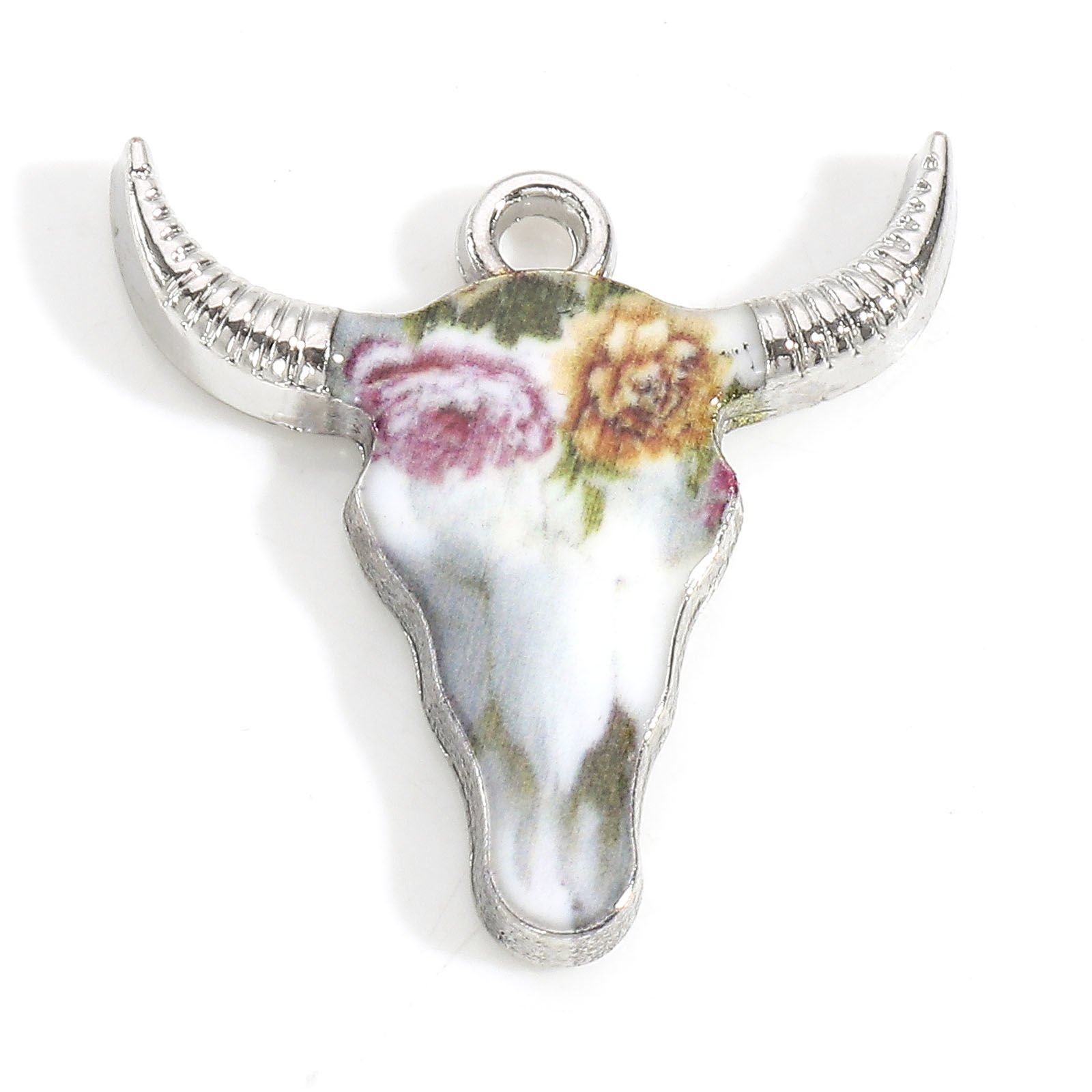 Charm enameld  bull cow , Silver Peonys