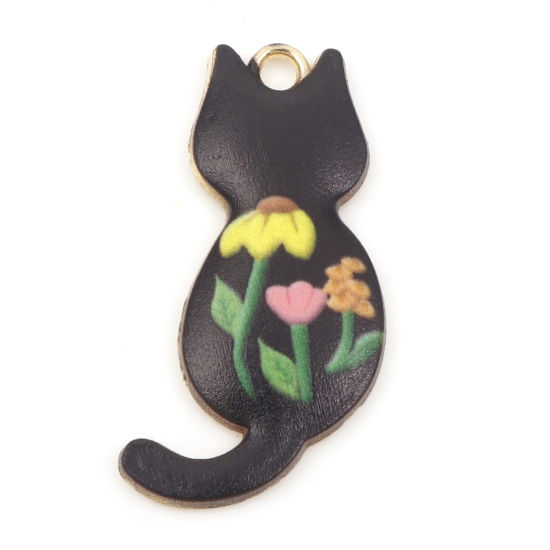Berlock -  Emaljerad Katt, Svart m. blommor 