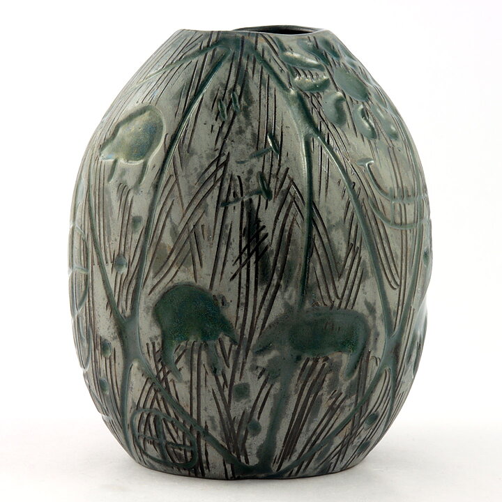 Mari Simmulson (Hedenhös 1957) Swelling Vase with Green Rock Carvings Decor 15 cm