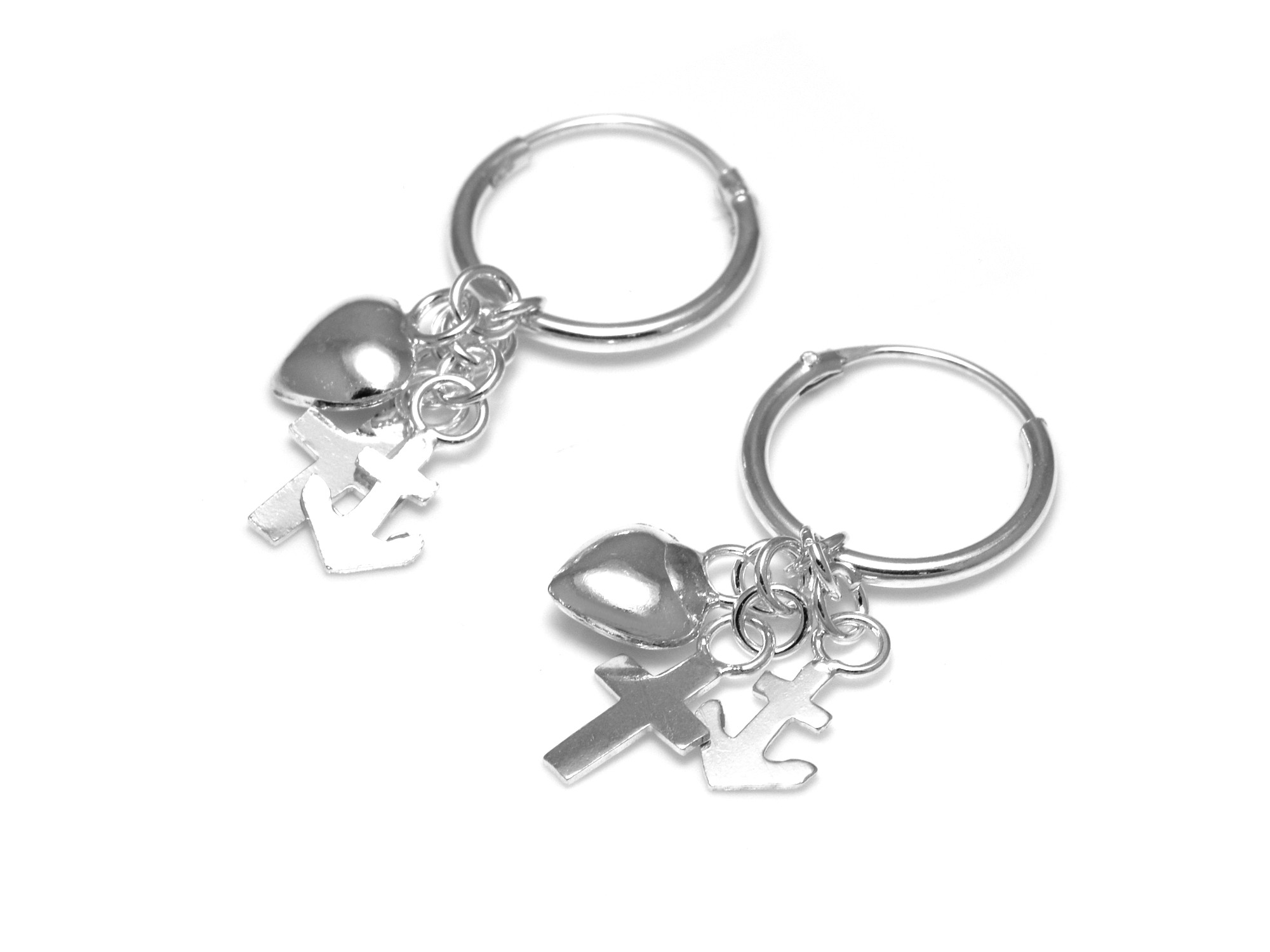 Creoler Hoops med Ankare Örhängen i Äkta 925 Silver, Creol Örhänge, Hjärta och Kors Smycke - 2