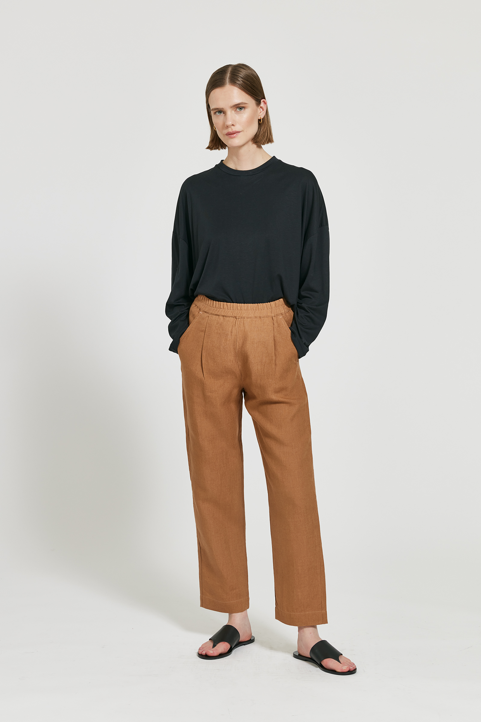 Elastic waist linen trousers on sale